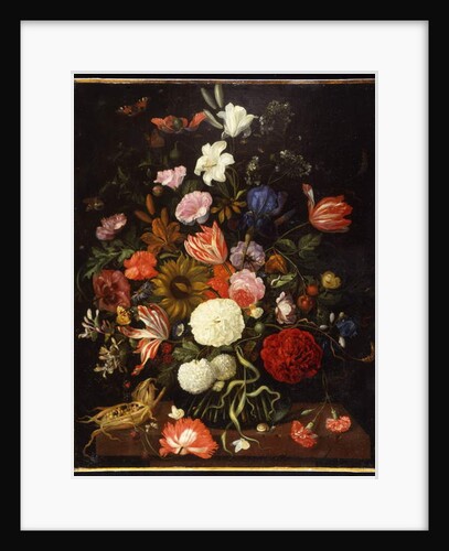 Poppies, tulips, roses, carnations, snowball, lilies, iris, a sunflower and other flowers in a glass vase with a corncob on a ledge by Jacob Rootius