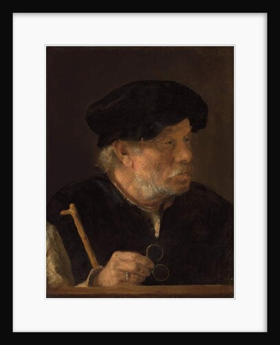 A man, bust-length, holding a cane and his spectacles, by a wooden ledge by Karel van der Pluym