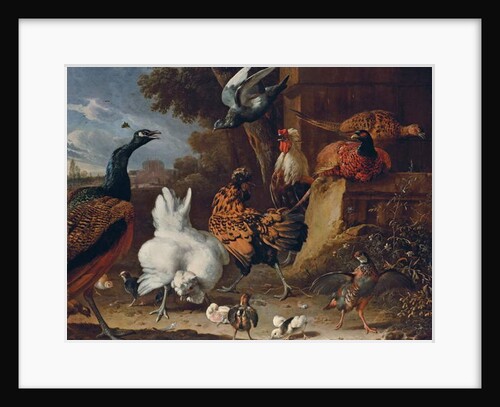 A cockerel, hens, chicks, a partridge, pheasants, a peacock and a pigeon by a wall in the park of a mansion by Melchior de Hondecoeter