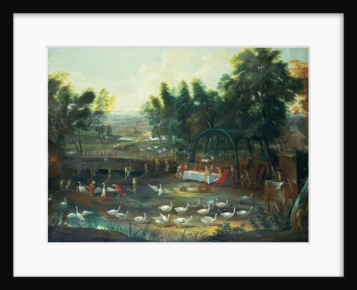 A fete champetre of foxes and swans by Jan van the Elder Kessel