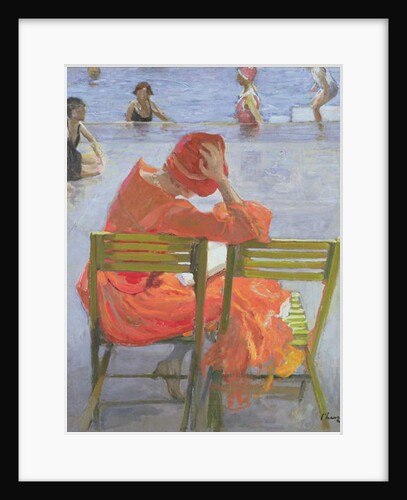 Girl in a red dress reading by a swimming pool, 1936 by John Lavery