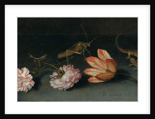 Carnations, a parrot tulip, a grasshopper and a lizard on a ledge by Balthasar van der Ast