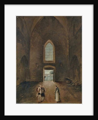 Hubert Robert and an amateur visit a grave in a church by Hubert Robert