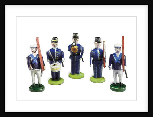 A group of five hand-carved and hand-painted toy soldiers owned by Tad Lincoln by American School