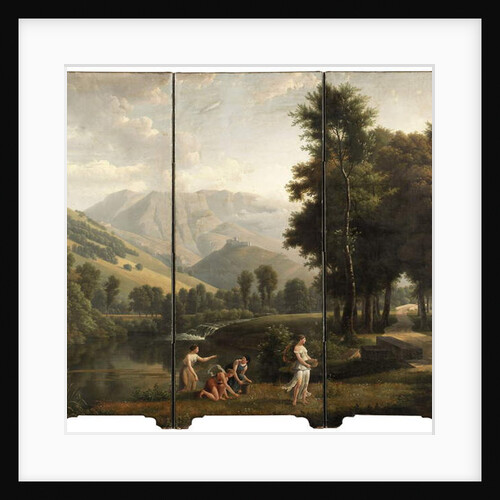 An Arcadian landscape with maidens gathering flowers by a river bank, a hilltop castle beyond, 1801 by Alexandre Hyacinthe Dunouy