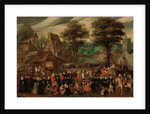 A village festival with elegantly dressed figures in procession, a river and tower beyond by Joris Hoefnagel