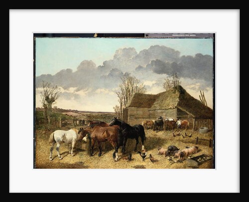 Horses eating from a manger, with pigs and chickens in a farmyard by John Frederick Jr. Herring