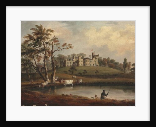 A view of Hornby Castle, Yorkshire, with an angler and cattle on the banks of the river Wenning by J. Miller