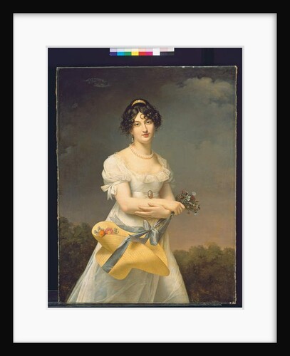 Portrait of Amélie-Justine Laidin de la Bouterie, nee Pontois, holding a hat filled with flowers by Adele Romany