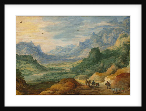 A mountainous landscape with travellers and herdsmen on a path by Jan & Momper Joos de Brueghel