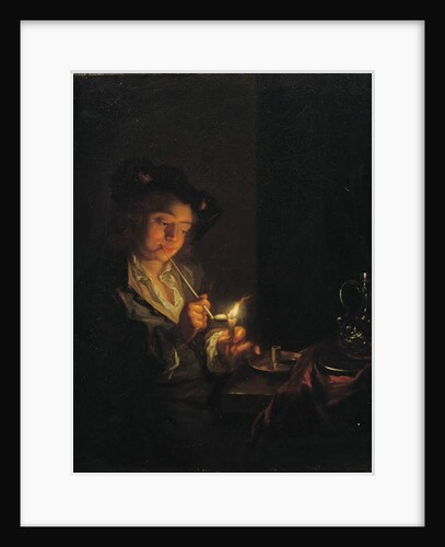 A candlelit interior with a young man seated at a table, lighting his pipe by Arnold Boonen