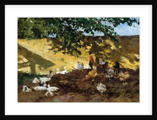Ducks and chickens in a farmyard by Tina Blau-Lang