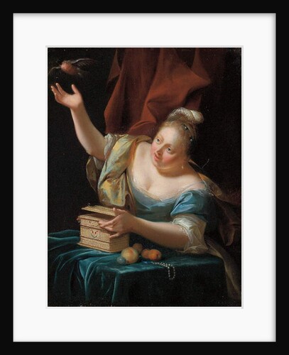 A woman, seated by a table in fancy costume, freeing a songbird from its cage by Godfried Schalken or Schalcken