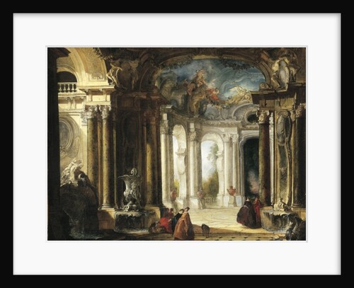 The interior of a Baroque palace with elegant company conversing by fountains by Jacques de Lajoue