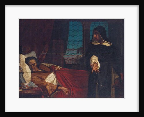 A cloaked figure before the bed of an anguished man by Edward Armitage