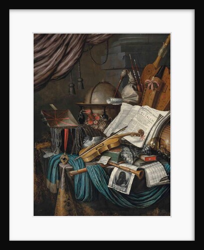 A globe, a casket of jewels and medallions, books, a hurdy-gurdy... by Edwaert Colyer or Collier