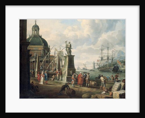 A capriccio of a Mediterranean harbour with merchants, an elegant couple on the quayside, before a statue of Hope and a baroque church, a lighthouse, a Dutch man-o-war, and other shipping beyond, 1700 by Adriaen Verdoel