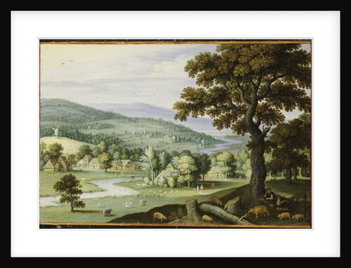 A river valley with a swineherd resting under a tree in the foreground, a hamlet beyond by Marten Ryckaert