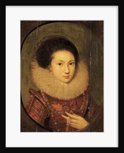 Portrait of a girl, bust-length, in a scarlet embroidered dress and lace collar by Robert Peake