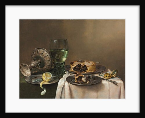 Pronk still life, with a roemer, an upturned silver tazza, a half-peeled lemon on a pewter plate, with a pie, a timepiece and a knife, 1631 by Willem Claesz. Heda