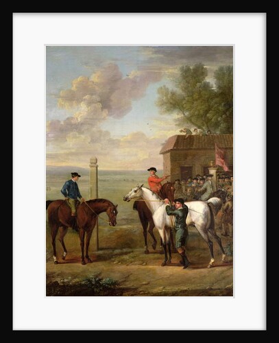 Racehorses with jockeys up by the rubbing down house on Newmarket Heath by John Wootton