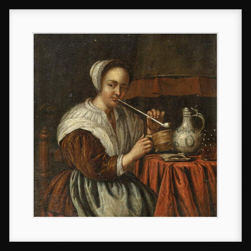 A woman smoking a pipe at a table by Edwaert Colyer or Collier