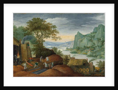 A rocky landscape with figures by an iron foundry, a river and houses on the bank beyond by Marten Ryckaert