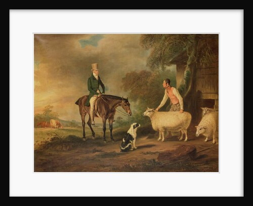 Sir John Palmer on his favourite mare with shepherd Joseph Green and prize Leicester Longwool sheep by John E. Ferneley