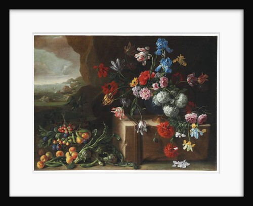 Chrysanthemums, tulips, irises and other flowers and fruit in a landscape by Giovanni Stanchi