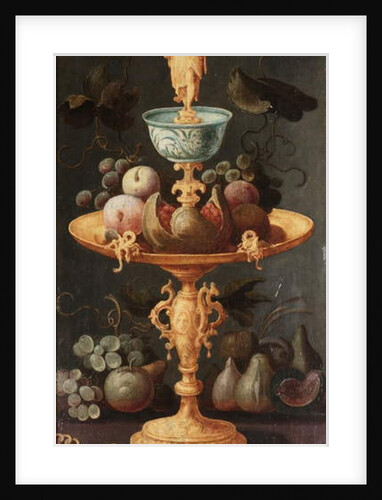 Grapes, plums and a pomegranate on a golden tazza surmounted by a personification of Painting by Artus Claessens