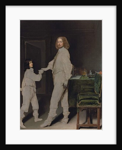 Portrait of a man, full-length, handing a letter to a boy, in an interior by Gonzales Coques