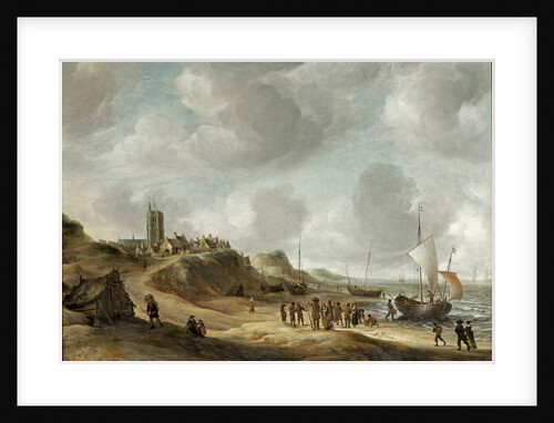 A view of Egmond aan Zee with fisherfolk on the beach and shipping offshore by Jan Abrahamsz. Beerstraten