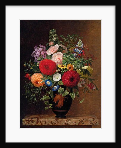 Lilac, apple blossom, cornflowers and sweet williams with a pot of violas on a ledge, 1827 by Johan Laurents Jensen