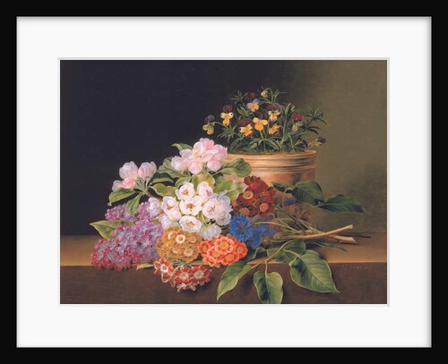 Lilac, apple blossom, cornflowers and sweet williams with a pot of violas on a ledge, 1827 by Johan Laurents Jensen
