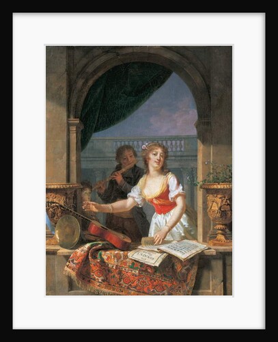 A young lady reaching for a guitar at a stone casement and a boy playing the flute beyond, 1796-97 by Martin Drolling