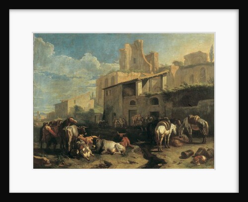 Travellers and various animals stop in front of a tavern with Roman ruins in the background 73.5 x 97 cm. by Pieter van Bloemen