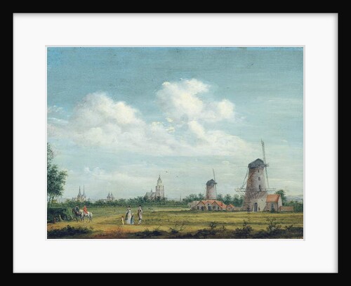 A view of Arnhem with the St. Walburgskerk on the left and the Grote Kerk on the right, elegant townsfolk promenading nearby, 1776 by Jordanus Hoorn