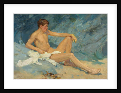 A male nude reclining on rocks by Henry Scott Tuke