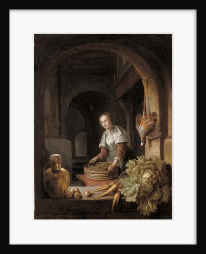 A maid preparing vegetables in a kitchen by Jan Adriansz van Staveren