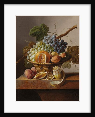 Grapes, an orange and walnuts in a wicker basket with a lemon and plums, all on a marble ledge by Johannes Cornelis Bruyn