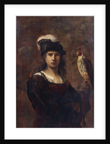 A falconer, standing half length, in a feathered hat by Rembrandt Harmensz. van Rijn (circle of)