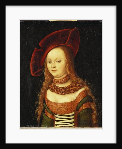 Portrait of a young girl, half length, wearing a green and gold costume with a red hat by Lucas the Elder Cranach