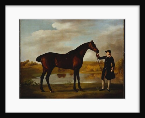 The Duke of Marlborough's Bay Hunter, with a Groom in Livery in a Lake Landscape by George Stubbs