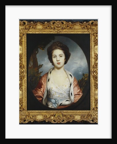 Portrait of Esther, Lady Wray, wearing a white dress, a gold and pink ermine-lined cloak, a landscape beyond by Joshua Reynolds