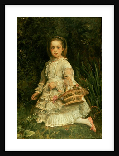 Portrait of Gracia, full length, wearing a white dress, picking wild flowers by John Everett Millais