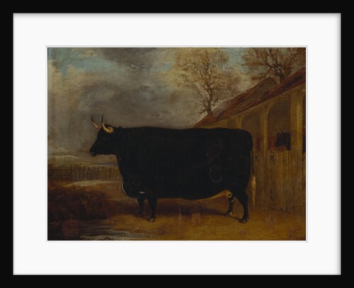 A black bull standing by a cowshed, an extensive landscape beyond by James Pollard