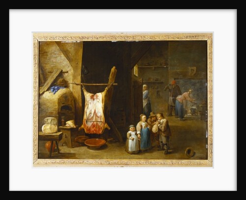 The interior of a peasant's cottage with a pig's carcass and a boy blowing up a bladder, 1646 by David the Younger Teniers