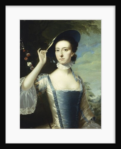Portrait of a lady by a garland of flowers, in a landscape by Joseph Wright of Derby