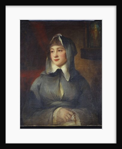 Portrait of a lady, half length, as a nun, holding a rosary, by a shrine in an interior by George Romney