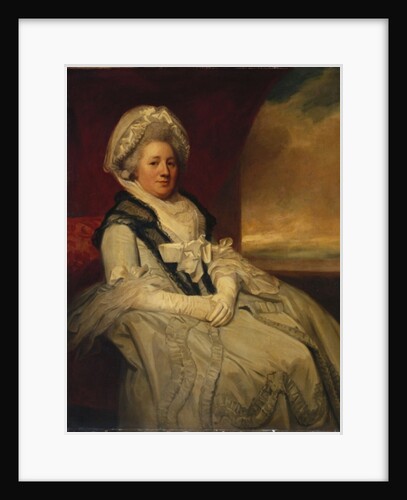 Portrait of Mrs. Uppleby, seated three-quarter length, wearing a white dress and bonnet with a black shawl by George Romney